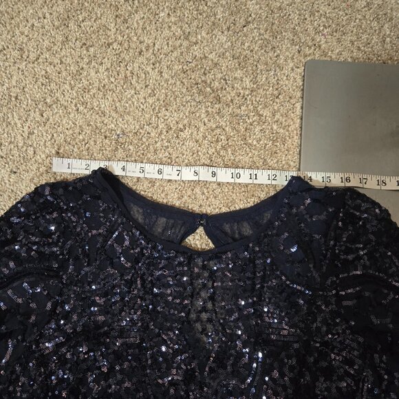 Sz 16W R&M Richards 1875 Sequined Illusion Short-Sleeve Modest A-Line Gown Navy - Picture 7 of 11